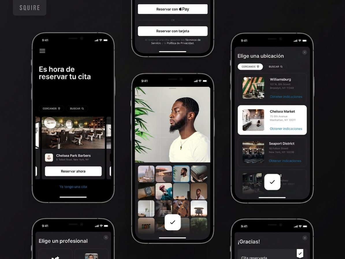 Flujo de reserva de citas de la app de Noir Barbería Urbana, con calendario y selección de profesional